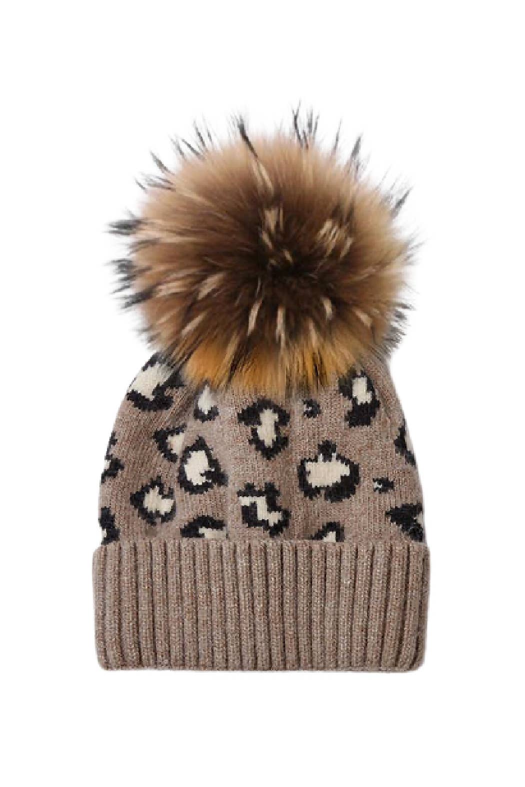 Embellish Your Life - Leopard Cashmere Blend Beanie w Real Fur Pom