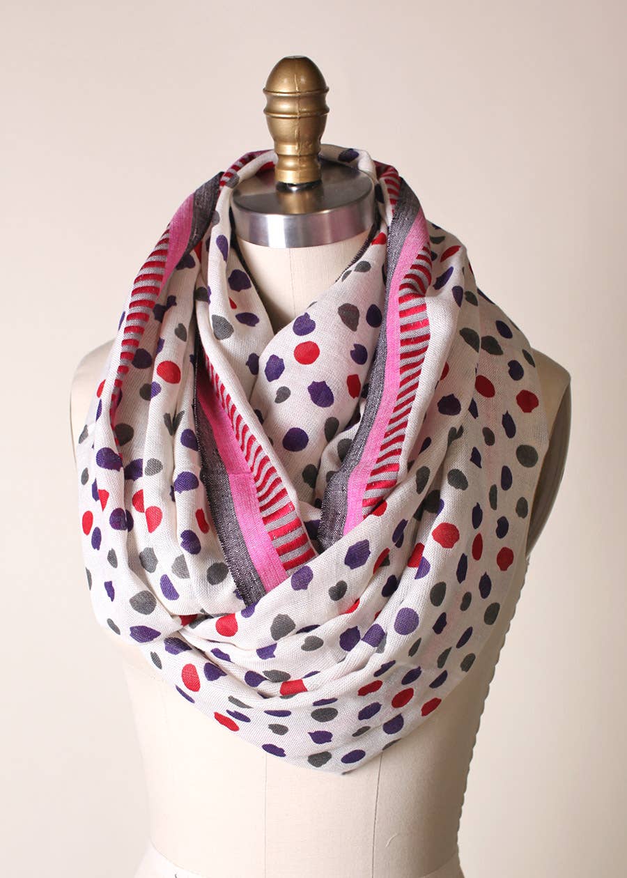 Polka Dot Stripe Border Infinity Natural Cotton Scarf / Wrap